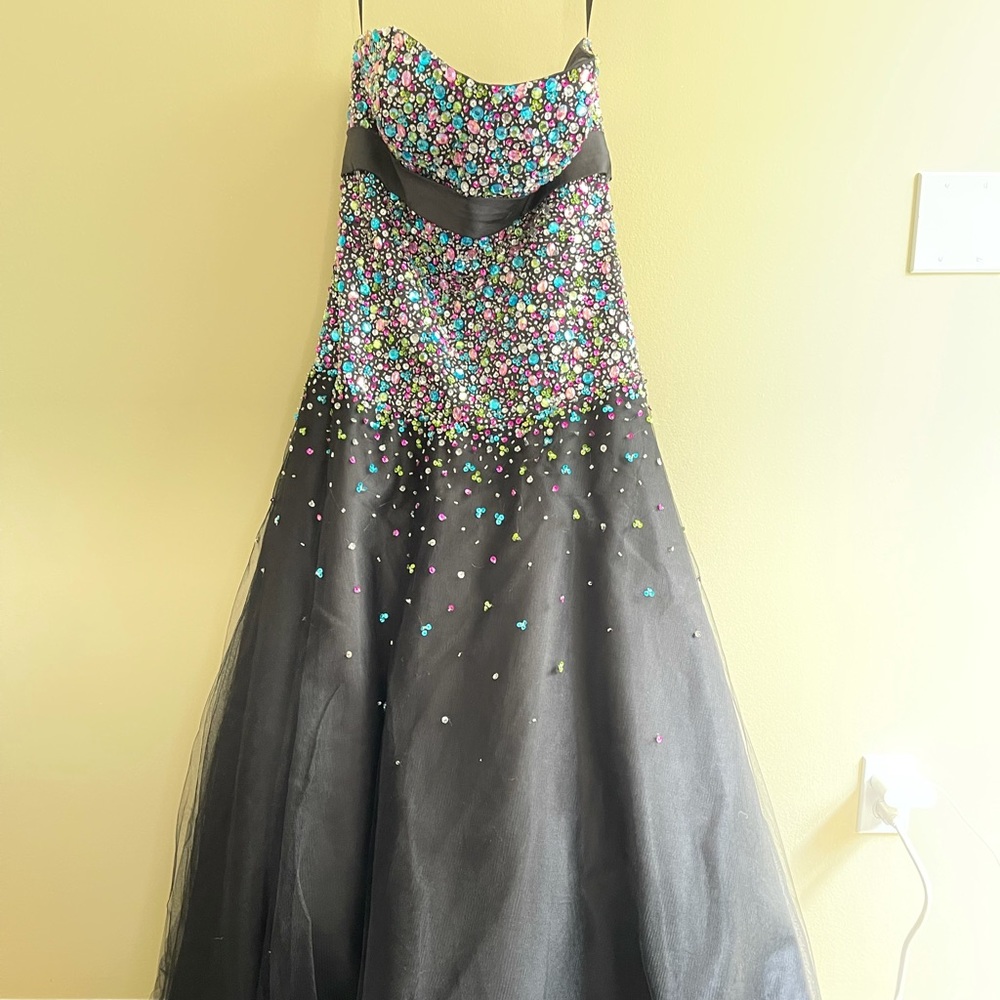 Beautiful black with multicolor gems prom dress size 12 only worn once